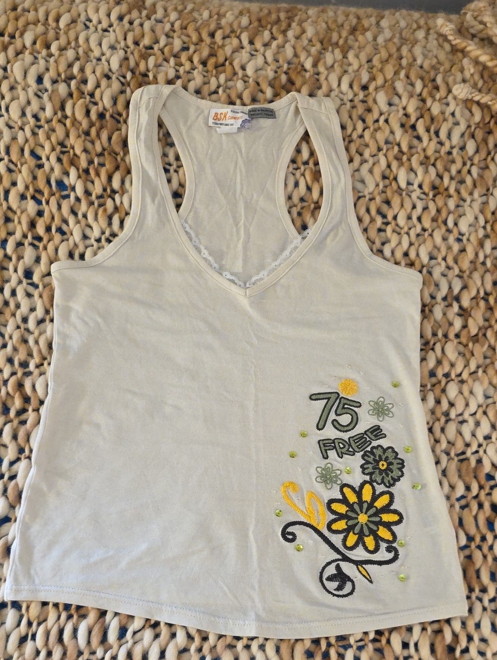 Bershka Cream Racerback Tank with Yellow & Green Floral Detail